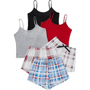 GORGLITTER Women's 6 Pack Pajama Set Spaghetti Strap Cami Top and Plaid Shorts Set in Saudi Arabia