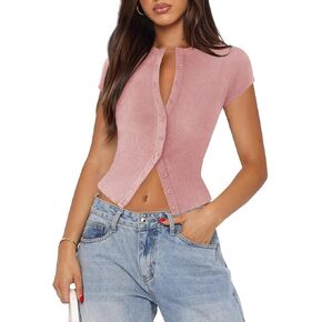 Women's Button Down Shirt Cap Sleeve Tops for Women Button Up Ribbed Knit Slim Fit Casual Y2K Crop Going Out Top in Kuwait