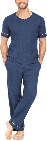 COLORFULLEAF Mens 100% Cotton Pajamas Set Short Sleeve V-Neck Sleepwear Soft Loungewear Pjs with Pockets in Saudi Arabia