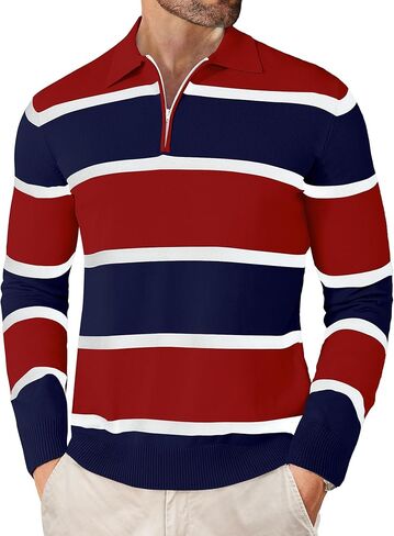 EDITCOZY Men Casual Polo Shirts Vintage Striped Golf Shirts Knit Rugby Shirt in Kuwait