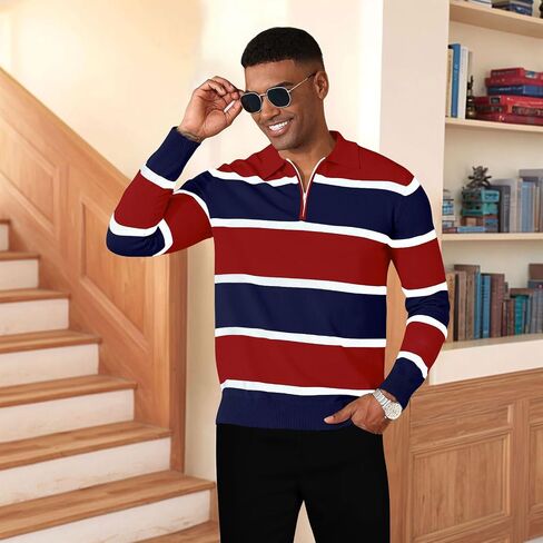 EDITCOZY Men Casual Polo Shirts Vintage Striped Golf Shirts Knit Rugby Shirt in Kuwait