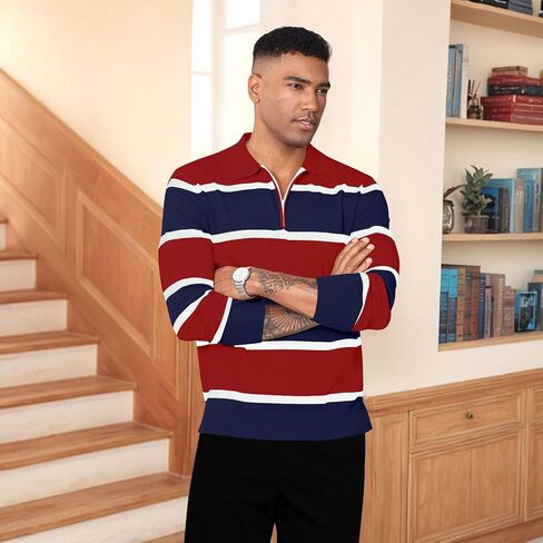 EDITCOZY Men Casual Polo Shirts Vintage Striped Golf Shirts Knit Rugby Shirt in Kuwait
