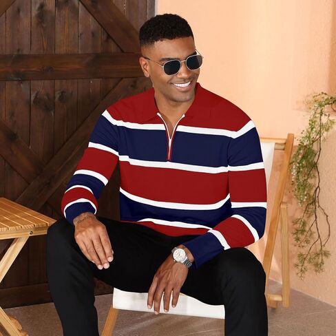 EDITCOZY Men Casual Polo Shirts Vintage Striped Golf Shirts Knit Rugby Shirt in Kuwait