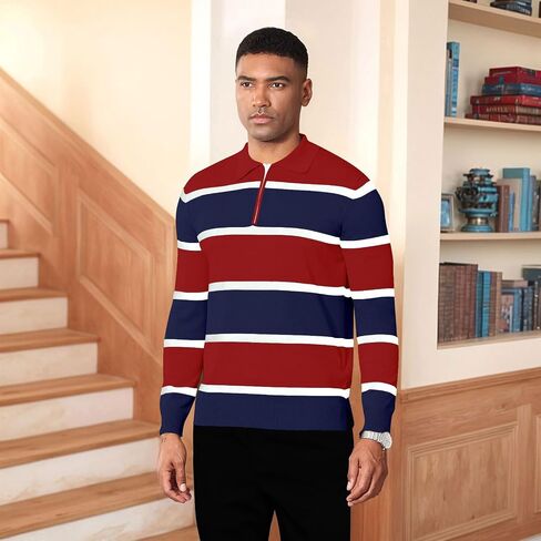 EDITCOZY Men Casual Polo Shirts Vintage Striped Golf Shirts Knit Rugby Shirt in Kuwait
