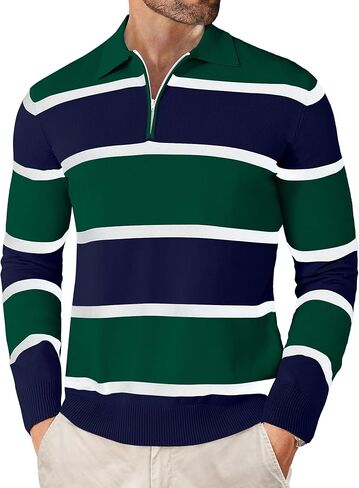 EDITCOZY Men Casual Polo Shirts Vintage Striped Golf Shirts Knit Rugby Shirt in Kuwait