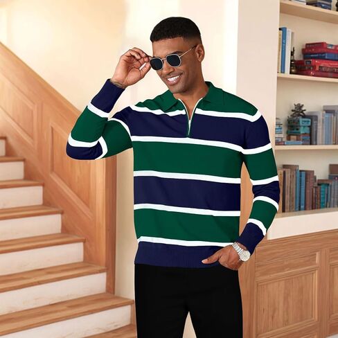 EDITCOZY Men Casual Polo Shirts Vintage Striped Golf Shirts Knit Rugby Shirt in Kuwait