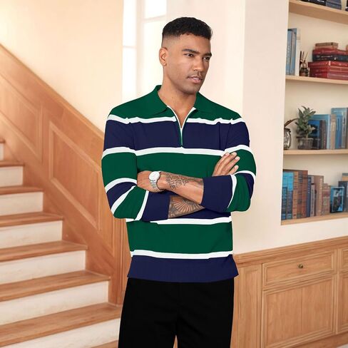 EDITCOZY Men Casual Polo Shirts Vintage Striped Golf Shirts Knit Rugby Shirt in Kuwait