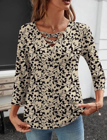 Rapbin Women Blouses Dressy Casual Summer Tops 3/4 Length Sleeve Womens T Shirts V Neck Criss Cross Tees in Saudi Arabia