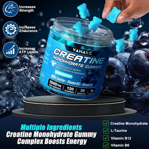 Creatine Monohydrate Gummies 5000 mg for Men & Women, Sugar-Free,Low in Calories,with L-Taurine + Vitamins for Increasing Muscle Strength, improving Endurance,Made in The USA, 120 Gummies in Saudi Arabia