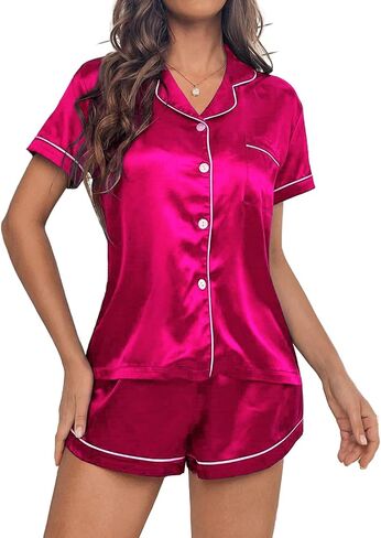 SISKIN Silk Pajamas for Women - Short Sleeve Sleepwear Soft Satin Button Down Loungewear 2 Piece Pjs Shorts Set S-XXL in Saudi Arabia
