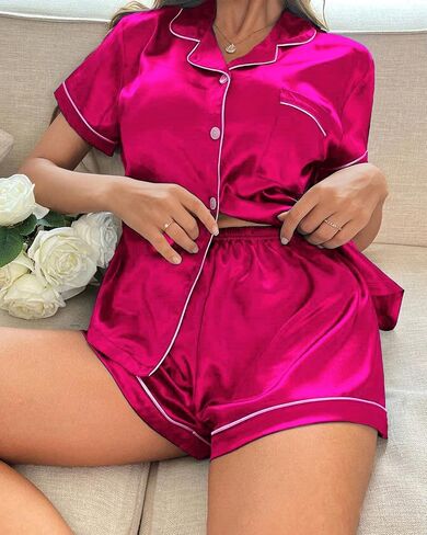 SISKIN Silk Pajamas for Women - Short Sleeve Sleepwear Soft Satin Button Down Loungewear 2 Piece Pjs Shorts Set S-XXL in Saudi Arabia