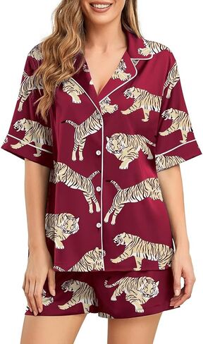 Brosloth Womens Silk Pajama Sets Shorts Button Up Animal Print Pajamas Satin Pjs Short Sleeve Summer Sleepwear Set in Kuwait