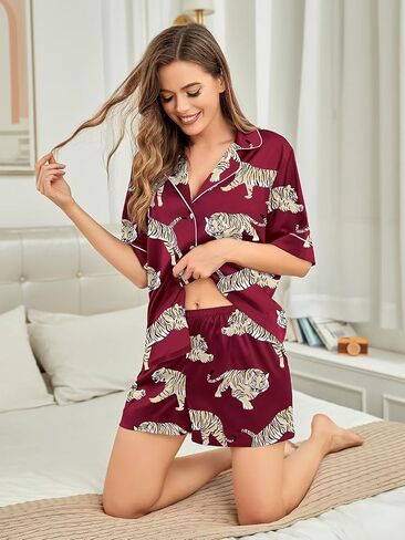 Brosloth Womens Silk Pajama Sets Shorts Button Up Animal Print Pajamas Satin Pjs Short Sleeve Summer Sleepwear Set in Kuwait