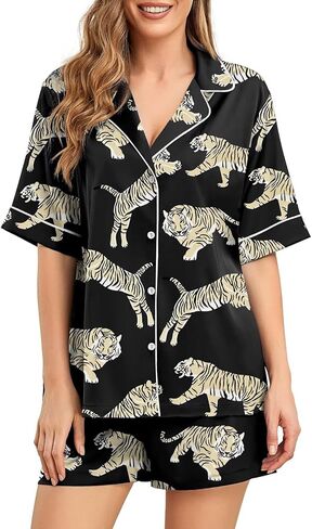 Brosloth Womens Silk Pajama Sets Shorts Button Up Animal Print Pajamas Satin Pjs Short Sleeve Summer Sleepwear Set in Kuwait