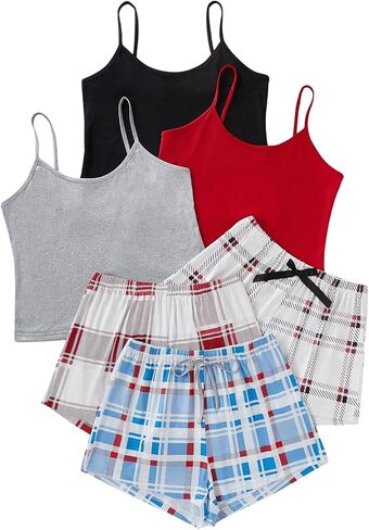 Gorglitter Women's 6 Pack Pajama Set Spaghetti Strap Cami Top and Plaid Shorts in Saudi Arabia