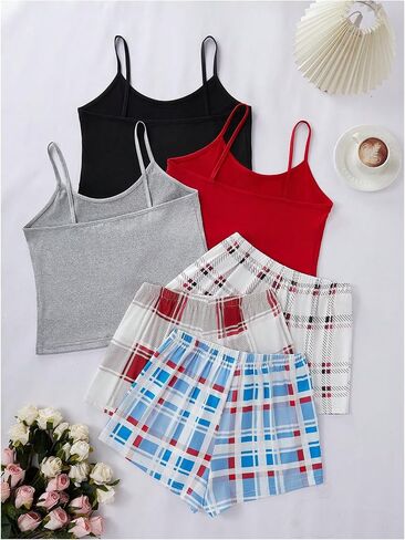 Gorglitter Women's 6 Pack Pajama Set Spaghetti Strap Cami Top and Plaid Shorts in Saudi Arabia