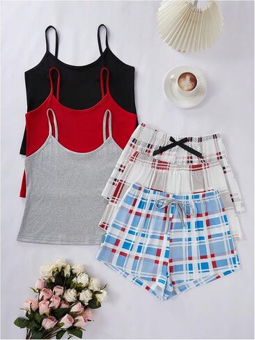 Gorglitter Women's 6 Pack Pajama Set Spaghetti Strap Cami Top and Plaid Shorts in Saudi Arabia