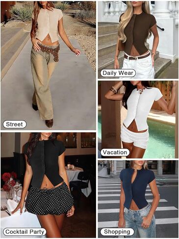 Women's Button Down Shirt Cap Sleeve Tops for Women Button Up Ribbed Knit Slim Fit Casual Y2K Crop Going Out Top in Kuwait