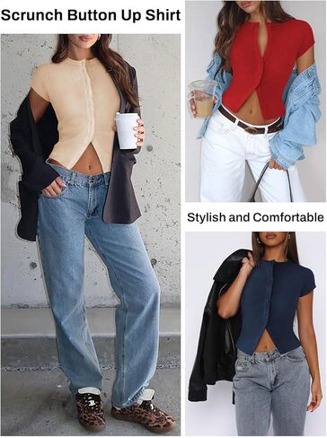 Women's Button Down Shirt Cap Sleeve Tops for Women Button Up Ribbed Knit Slim Fit Casual Y2K Crop Going Out Top in Kuwait