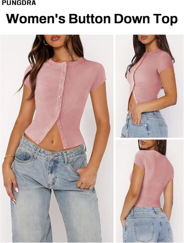 Women's Button Down Shirt Cap Sleeve Tops for Women Button Up Ribbed Knit Slim Fit Casual Y2K Crop Going Out Top in Kuwait