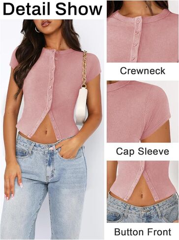 Women's Button Down Shirt Cap Sleeve Tops for Women Button Up Ribbed Knit Slim Fit Casual Y2K Crop Going Out Top in Kuwait