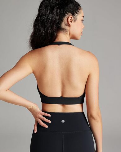 QUEENIEKE Halter Neck Sports Bra for Women, Yoga Crop Top with Removable Pads, Open Back V Neck Bra Light Support in Saudi Arabia