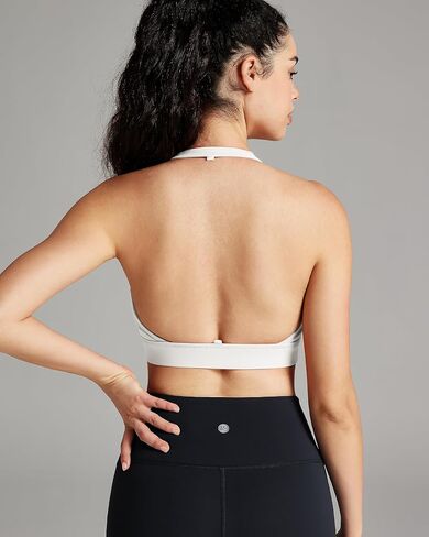 QUEENIEKE Halter Neck Sports Bra for Women, Yoga Crop Top with Removable Pads, Open Back V Neck Bra Light Support in Saudi Arabia