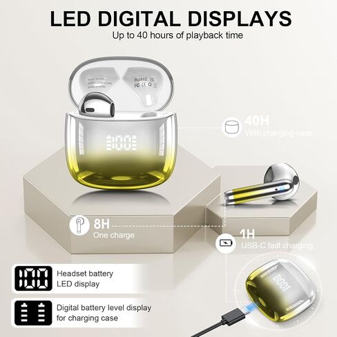 Wireless Earbuds 2024 Bluetooth 5.3 Headphones with 4 Mic HiFi Stereo Sound, Wireless Earphones with Dual LED Display Touch Control, IPX7 Waterproof 40H Playtime Ear Buds for iOS Android, Yellow in Saudi Arabia