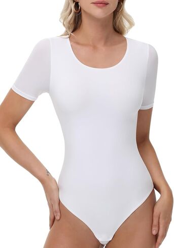 Women's Crew Neck Short Sleeve Thong BodySuits Basic Seamless Casual T-shirt Bodysuit Tops in Saudi Arabia