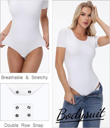 Women's Crew Neck Short Sleeve Thong BodySuits Basic Seamless Casual T-shirt Bodysuit Tops in Saudi Arabia