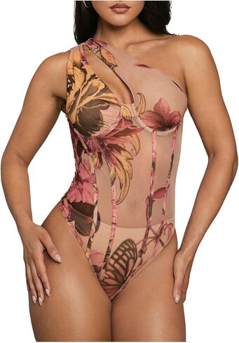 Women's One Shoulder Cut Out Bustier Bodysuits Floral Asymmetrical Sleeveless Mesh Tank Tops in Saudi Arabia