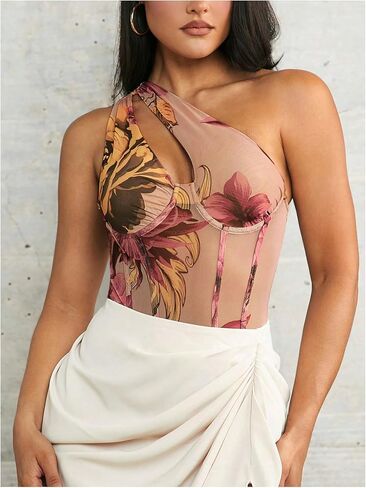 Women's One Shoulder Cut Out Bustier Bodysuits Floral Asymmetrical Sleeveless Mesh Tank Tops in Saudi Arabia