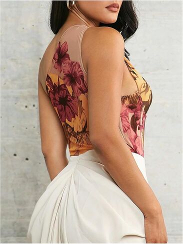 Women's One Shoulder Cut Out Bustier Bodysuits Floral Asymmetrical Sleeveless Mesh Tank Tops in Saudi Arabia
