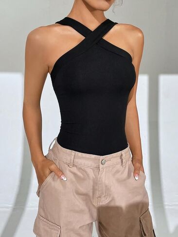 Floerns Women's Solid Criss Cross Sleeveless Halter Neck Bodysuit Leotard in Saudi Arabia