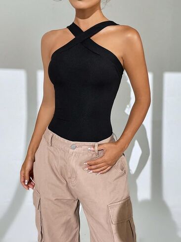 Floerns Women's Solid Criss Cross Sleeveless Halter Neck Bodysuit Leotard in Saudi Arabia