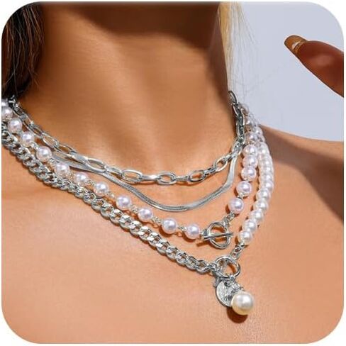 الذهب الطبقات قلادة متعددة الطبقات مكتنزة اللؤلؤ مشبك ورق سلسلة قلادة قابل للتعديل طبقات سلسلة مطلية بالذهب القلائد مجموعة للنساء in Kuwait