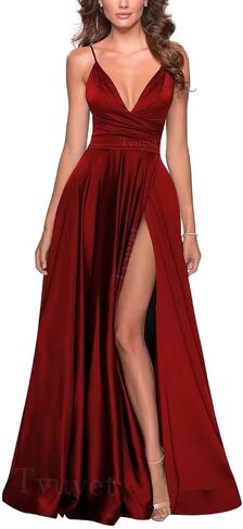 Women's Spaghetti Strap Satin Prom Dresses with Slit Long Ball Gown Sleeveless V-Neck Formal Evening Dresses in Kuwait