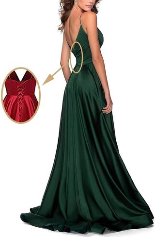 Women's Spaghetti Strap Satin Prom Dresses with Slit Long Ball Gown Sleeveless V-Neck Formal Evening Dresses in Kuwait