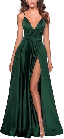 Women's Spaghetti Strap Satin Prom Dresses with Slit Long Ball Gown Sleeveless V-Neck Formal Evening Dresses in Kuwait