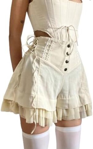 Sweet Mesh Tiered Ruffle Shorts Skirts Khaki Wide Form Side Bandage Cute Hot Pants Lolita Style Soft Girls Shorts Y2K in Kuwait