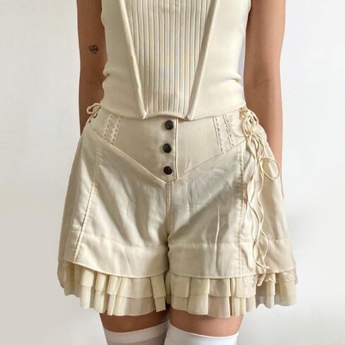 Sweet Mesh Tiered Ruffle Shorts Skirts Khaki Wide Form Side Bandage Cute Hot Pants Lolita Style Soft Girls Shorts Y2K in Kuwait