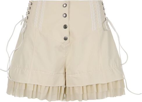 Sweet Mesh Tiered Ruffle Shorts Skirts Khaki Wide Form Side Bandage Cute Hot Pants Lolita Style Soft Girls Shorts Y2K in Kuwait