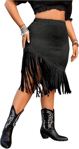 Floerns Women's Plus Size مرنة الخصر Fringe Trim Western Cowgirl Midi Skirt in Saudi Arabia