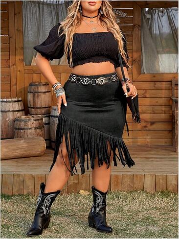 Floerns Women's Plus Size مرنة الخصر Fringe Trim Western Cowgirl Midi Skirt in Saudi Arabia