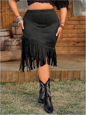 Floerns Women's Plus Size مرنة الخصر Fringe Trim Western Cowgirl Midi Skirt in Saudi Arabia