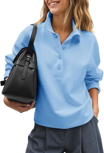 Fisoew Womens Disual Sweatshirt Button Long Sleeve Button Collared Lourd Fit Fall Pullover Tops in Saudi Arabia