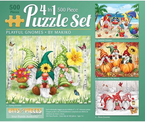 Bits and Pieces - 4-in-1 Multi-Pack 500 Piece Jigsaw Puzzles for Adults - 500 pc 'Playful Gnomes' Puzzle Set Bundle by Makiko - 16" x 20" (41cm x 51cm) in Saudi Arabia