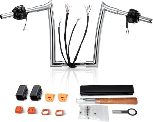 MoKitDora 12" Pre-Wired Handlebar Switch Control Kit 1-1/4" Ape Hanger 1" Clamp for 1996-2006 Harley Sportster/Dyna/Softail(Except Softail Springer)/Road King, Chrome in Saudi Arabia