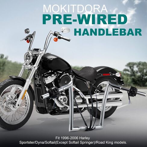 MoKitDora 12" Pre-Wired Handlebar Switch Control Kit 1-1/4" Ape Hanger 1" Clamp for 1996-2006 Harley Sportster/Dyna/Softail(Except Softail Springer)/Road King, Chrome in Saudi Arabia