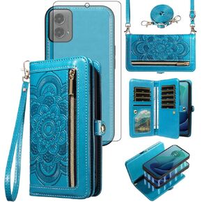 Asuwish Phone Case for Motorola Moto G 5G 2024 Zipper Wallet Magnetic Detachable Cell Cover with Tempered Glass Screen Protector Crossbody Strap Mandala Flower Card Holder G5G 5 G G5 Women Rose Gold in Saudi Arabia